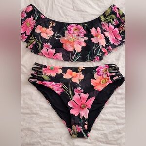 BWT Bebe Black Bikini with Vibrant Pink Floral Design